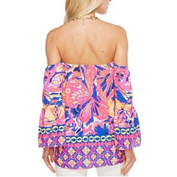 Lilly Pulitzer Size Medium 100% Silk Off Shoulder Bomb Shell Engineered Top - Picture 3 of 8
